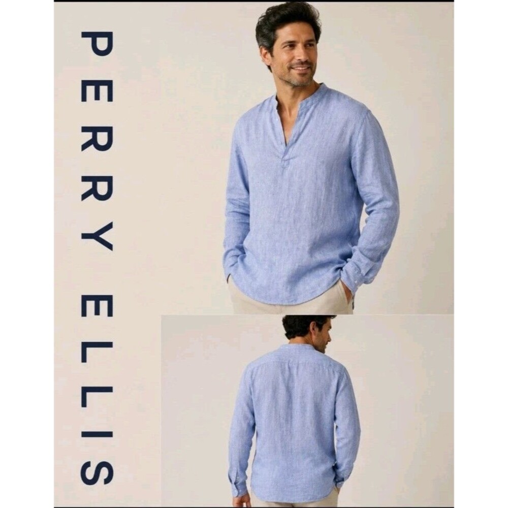 PERRY ELLIS Mens XXL Minimalist 100% Linen Coastal Casual Blue Popover Shirt